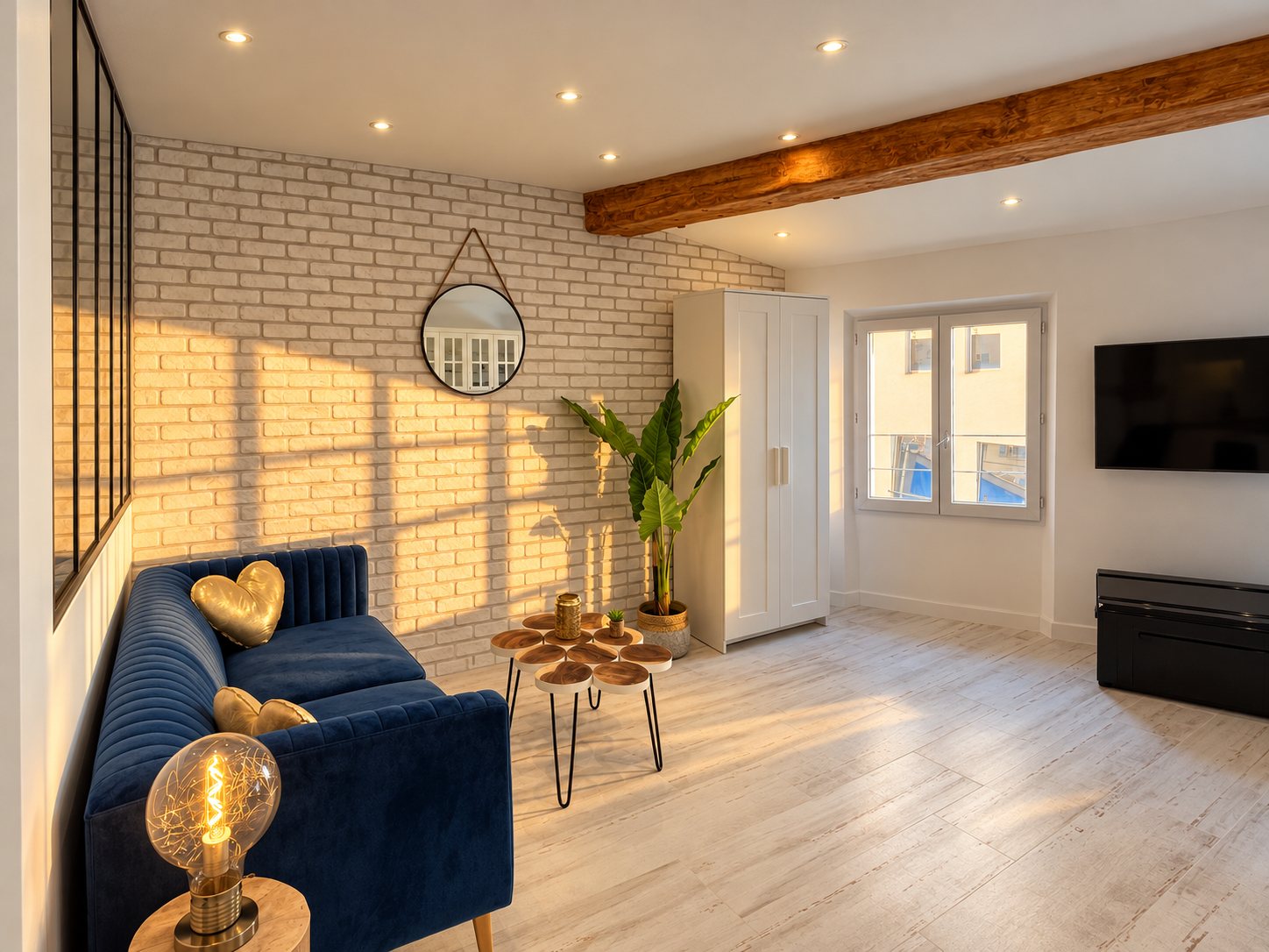 Salon en golden hour, verticales droites